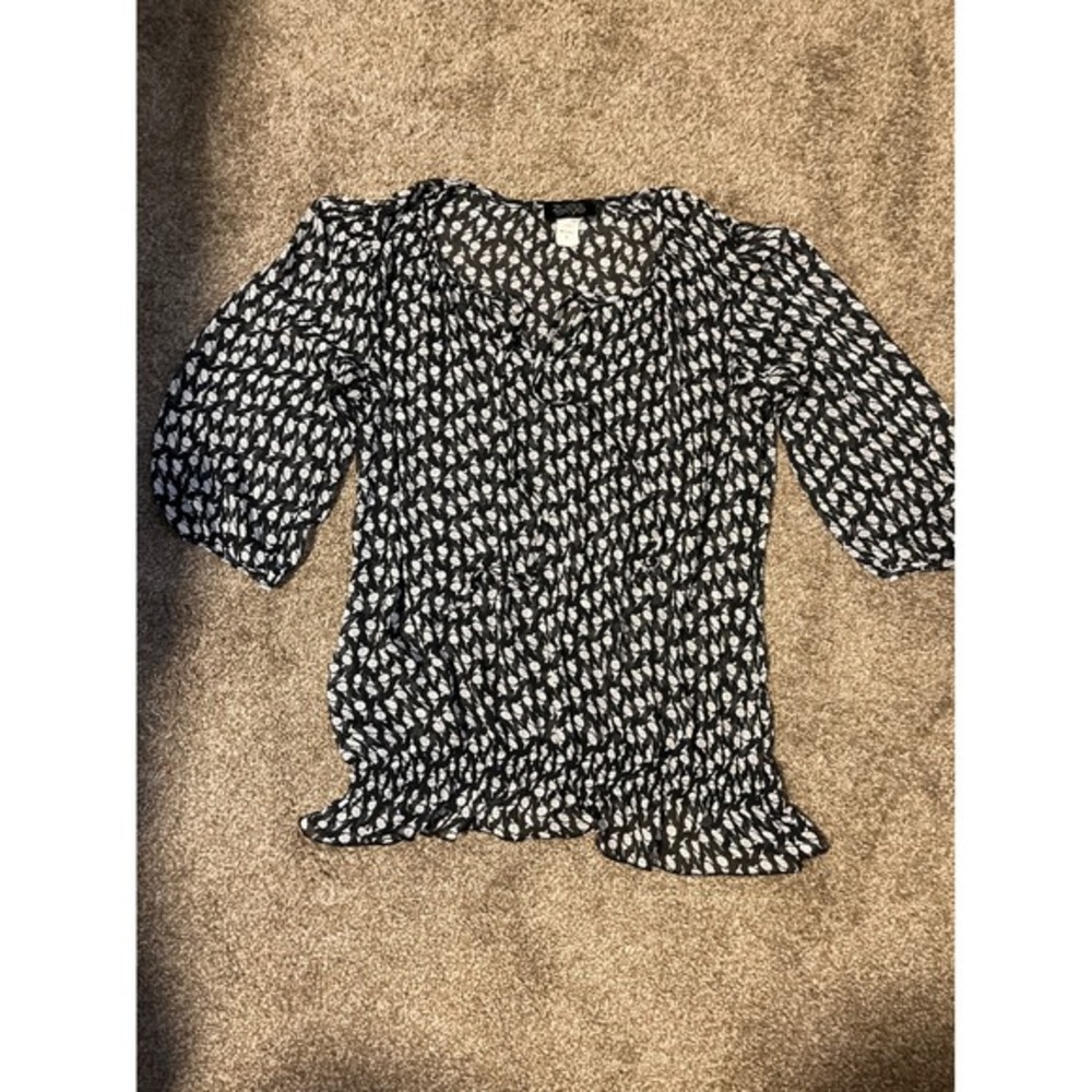 Zoe Skye Black White Floral Print Sheer‎ V-Neck 3/4 Sleeve Blouse Women's Small